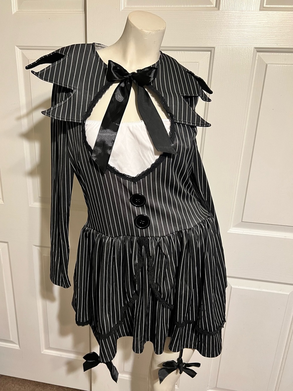 Halloween Costume Jack Skeleton Black Pinstripe Bow-Accent Dress with Cutout